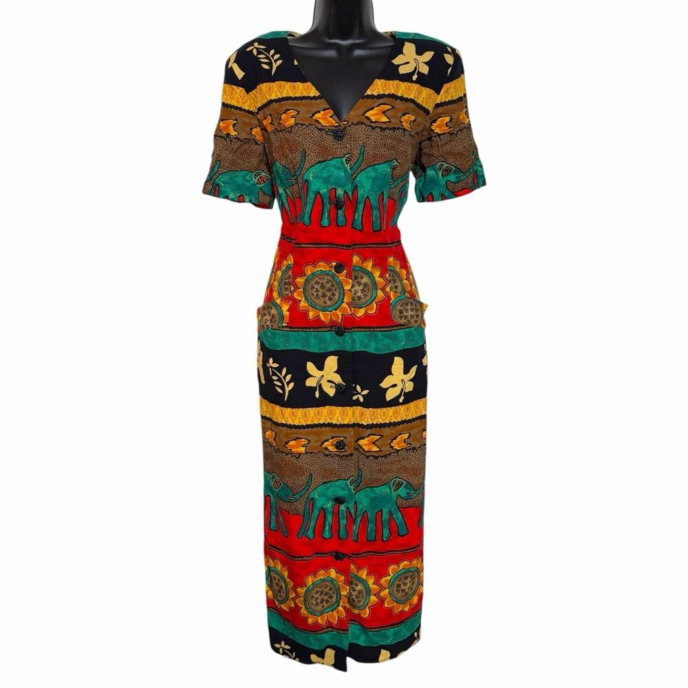 VINTAGE 1990s WNY BOHO MAXI DRESS SIZE 10 SUNFLOWERS ELEPHANTS COLORFUL RETRO